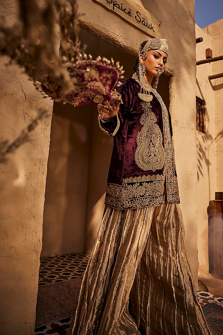 Maroon Shaneel Fabric Zardosi Embroidered Jacket Set by Dareaab by Sonia k Mahajan at Pernia's Pop Up Shop