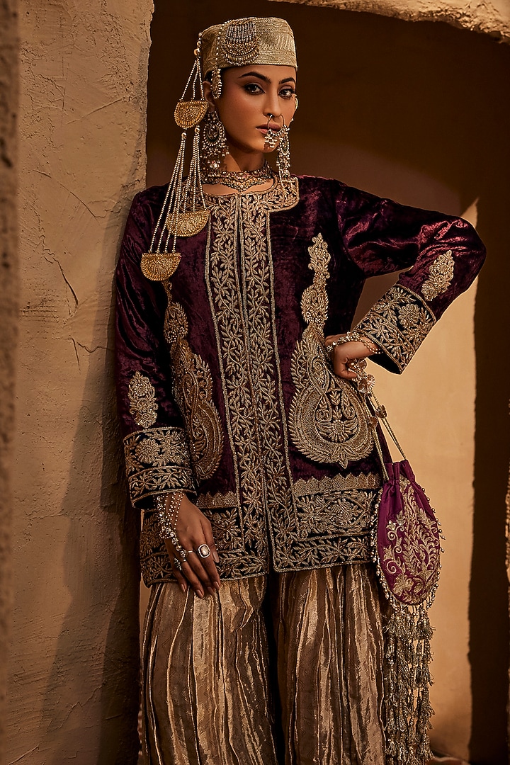 Maroon Shaneel Fabric Zardosi Embroidered Jacket Set by Dareaab by Sonia k Mahajan at Pernia's Pop Up Shop