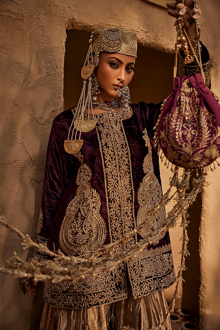 Maroon Shaneel Fabric Zardosi Embroidered Jacket Set by Dareaab by Sonia k Mahajan at Pernia's Pop Up Shop