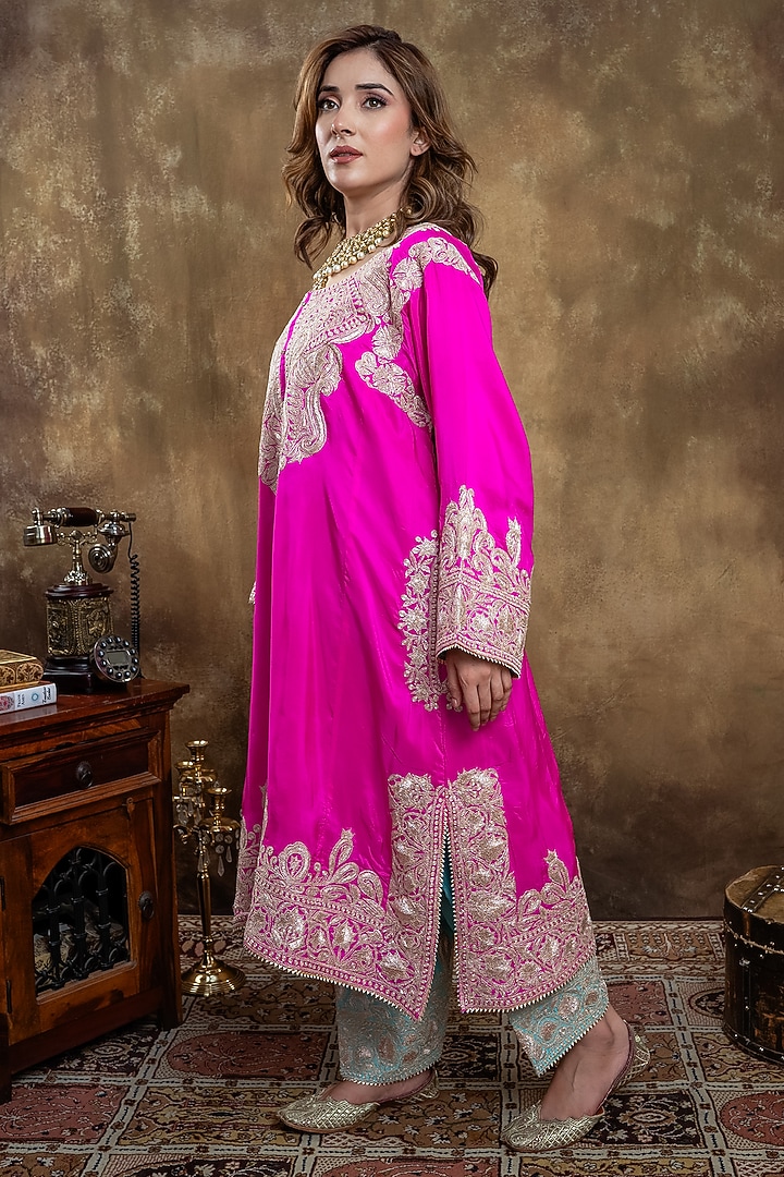 Hot Pink Upada Silk Embroidered Kurta Set by Dareaab by Sonia k Mahajan at Pernia's Pop Up Shop