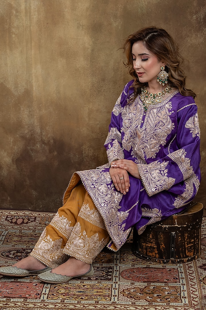 Purple Upada Silk Embroidered Kurta Set by Dareaab by Sonia k Mahajan at Pernia's Pop Up Shop