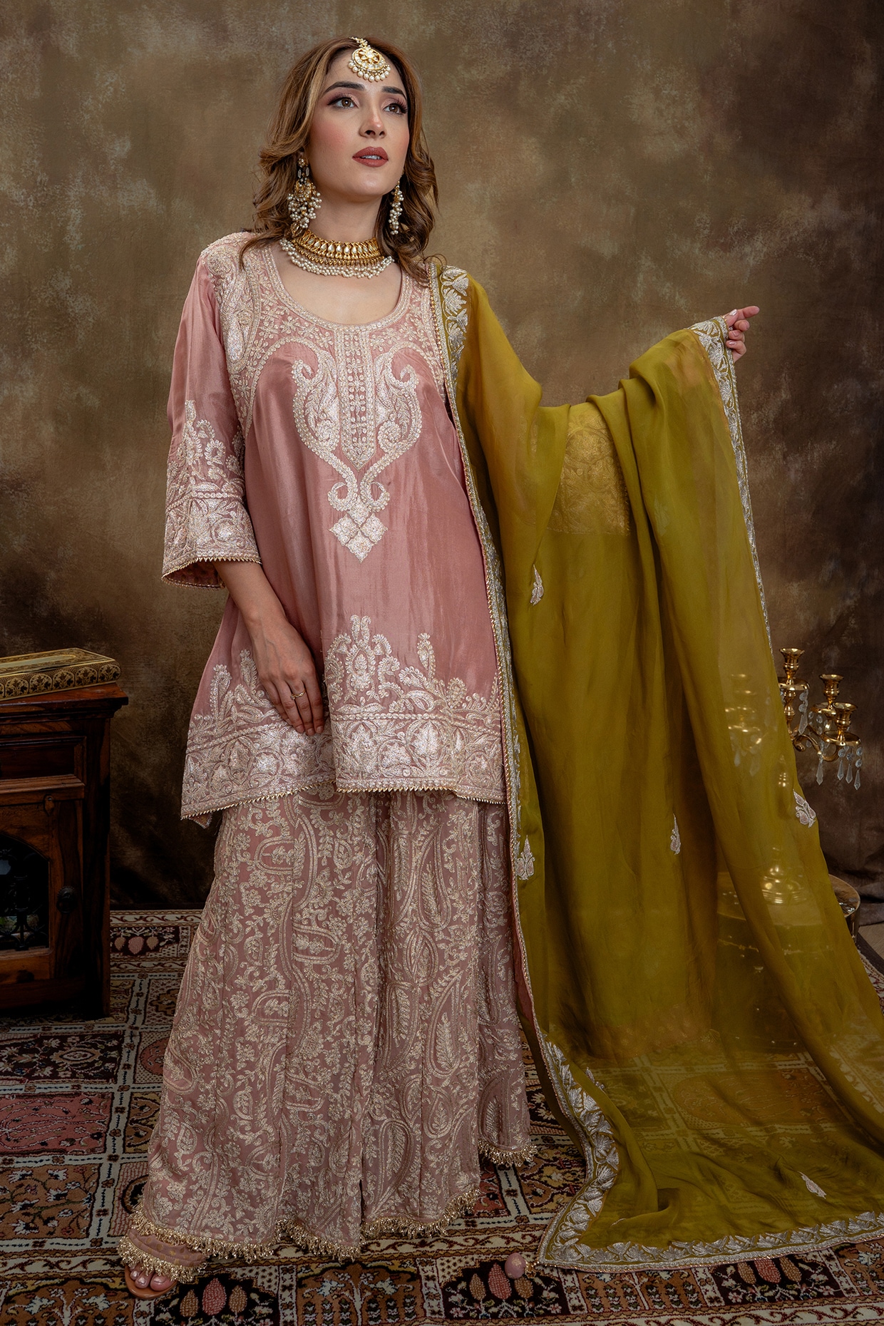 Dareaab by Sonia k Mahajan Salmon Upada Silk Tilla Embroidered Gharara Set