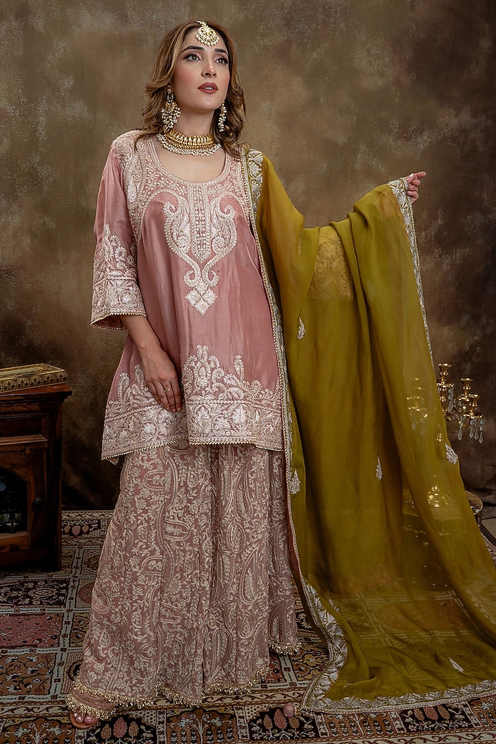 Salmon Upada Silk Tilla Embroidered Gharara Set by Dareaab by Sonia k Mahajan at Pernia's Pop Up Shop