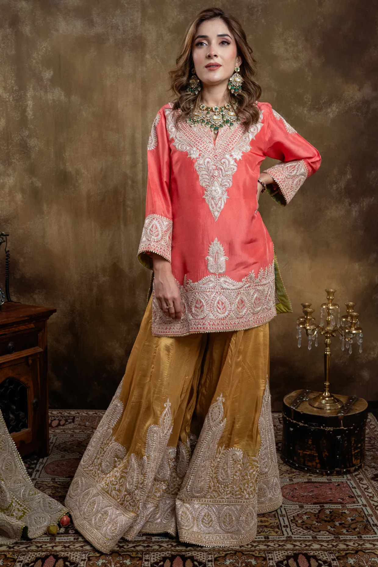 Dareaab by Sonia k Mahajan Mustard Upada Silk Embroidered Sharara Set