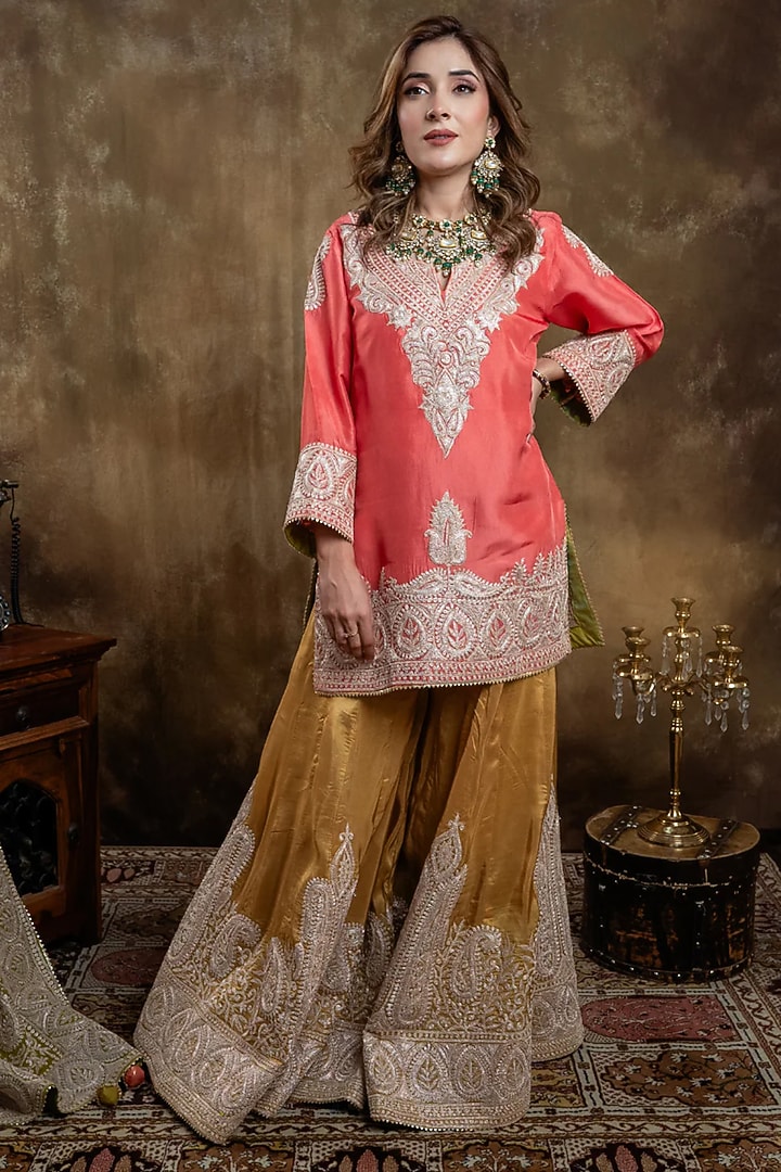 Mustard Upada Silk Embroidered Wedding Sharara Set by Dareaab by Sonia k Mahajan at Pernia's Pop Up Shop