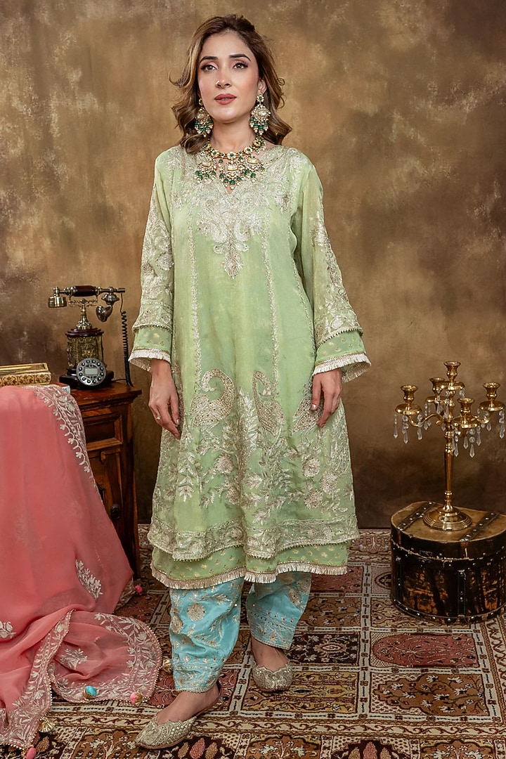 Light Green Georgette Embroidered Kurta Set by Dareaab by Sonia k Mahajan at Pernia's Pop Up Shop