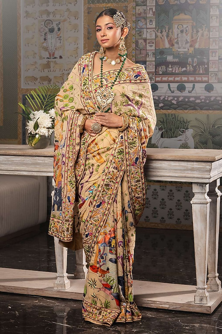Khadi Yellow Georgette Hand Embroidered Bridal Saree by Dareaab by Sonia k Mahajan at Pernia's Pop Up Shop