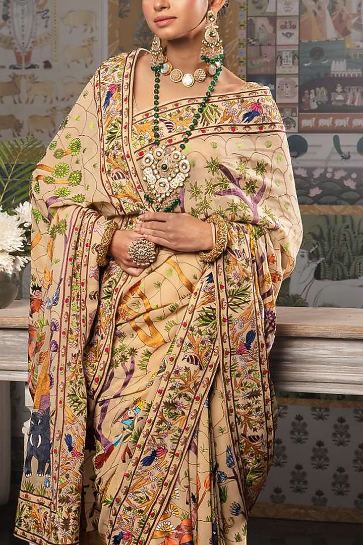 Khadi Yellow Georgette Hand Embroidered Bridal Saree by Dareaab by Sonia k Mahajan at Pernia's Pop Up Shop