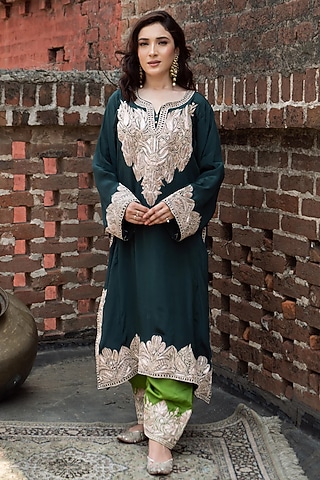 Stardust Green Silk Embroidered Phiran Set by Dareaab by Sonia k Mahajan