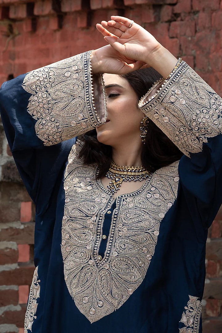 Blue Silk Embroidered Phiran Set by Dareaab by Sonia k Mahajan at Pernia's Pop Up Shop