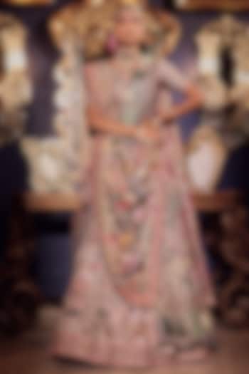 Salmon Pink Silk Kalamkari Embroidered Bridal Lehenga Set by Dareaab by Sonia k Mahajan at Pernia's Pop Up Shop