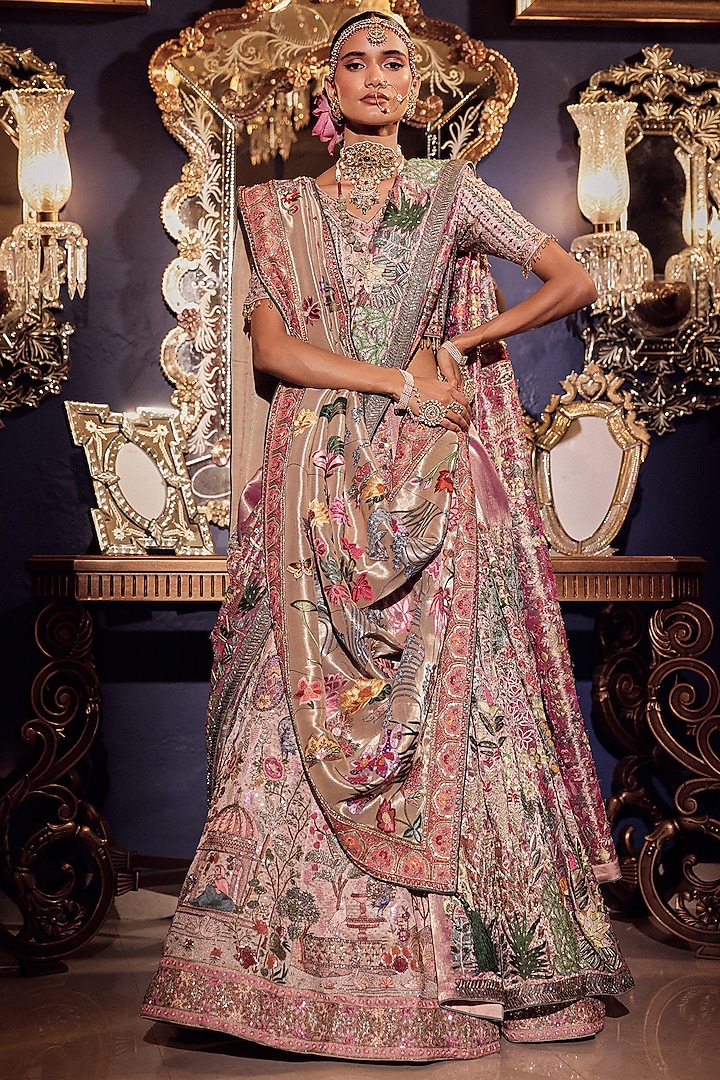 Salmon Pink Silk Kalamkari Embroidered Bridal Lehenga Set by Dareaab by Sonia k Mahajan at Pernia's Pop Up Shop
