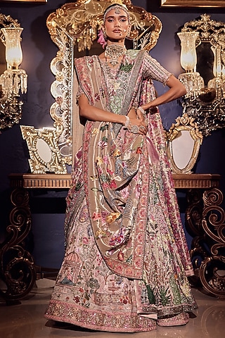 Salmon Pink Silk Kalamkari Embroidered Lehenga Set by Dareaab by Sonia k Mahajan