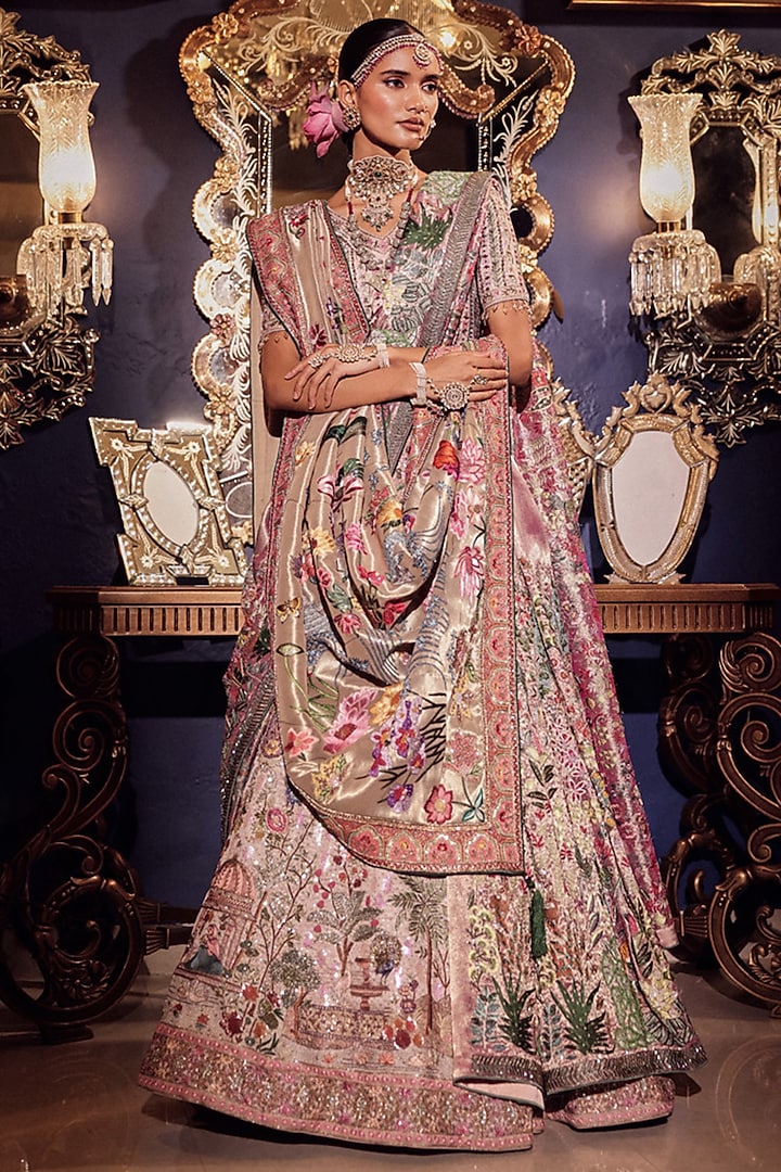 Salmon Pink Silk Kalamkari Embroidered Bridal Lehenga Set by Dareaab by Sonia k Mahajan at Pernia's Pop Up Shop