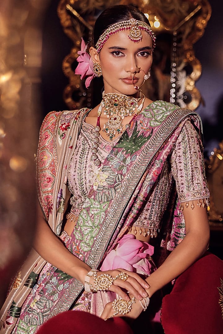 Salmon Pink Silk Kalamkari Embroidered Bridal Lehenga Set by Dareaab by Sonia k Mahajan at Pernia's Pop Up Shop