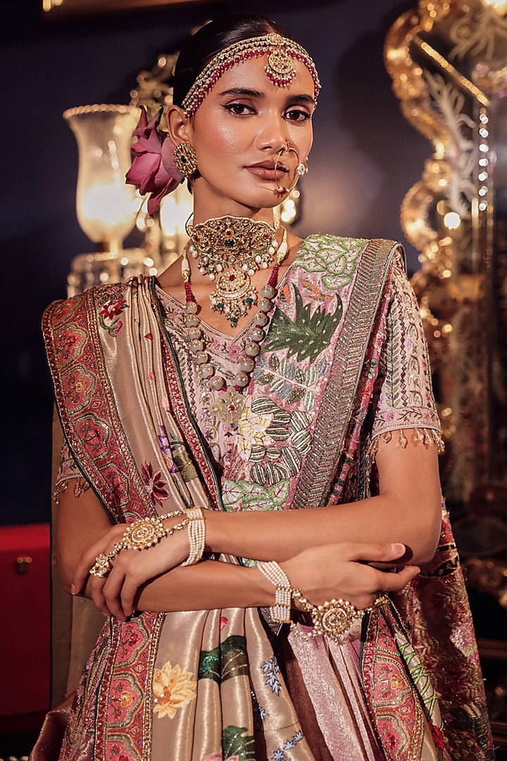 Salmon Pink Silk Kalamkari Embroidered Bridal Lehenga Set by Dareaab by Sonia k Mahajan at Pernia's Pop Up Shop