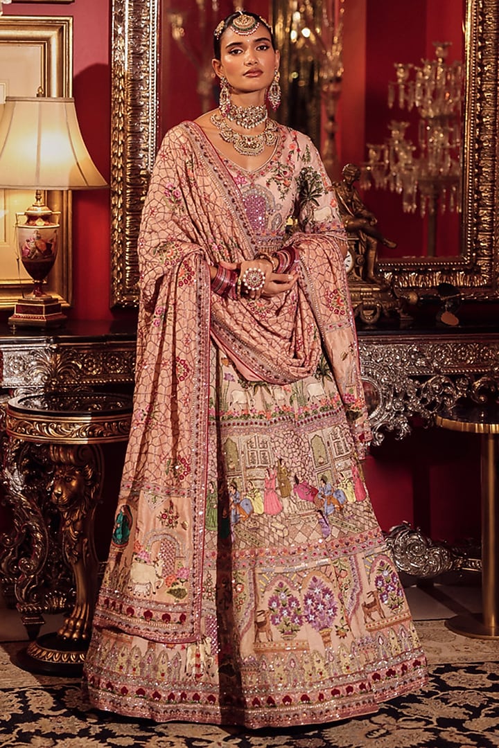 Salmon Pink Silk Kalamkari Embroidered Bridal Lehenga Set by Dareaab by Sonia k Mahajan at Pernia's Pop Up Shop