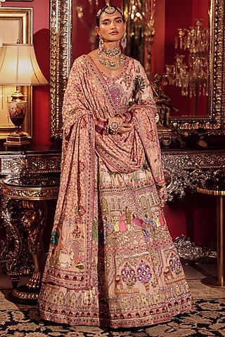 Salmon Pink Silk Kalamkari Embroidered Lehenga Set by Dareaab by Sonia k Mahajan