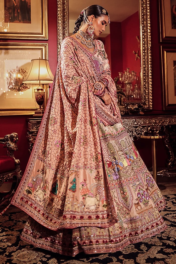 Salmon Pink Silk Kalamkari Embroidered Bridal Lehenga Set by Dareaab by Sonia k Mahajan at Pernia's Pop Up Shop