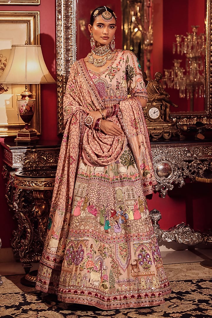 Salmon Pink Silk Kalamkari Embroidered Bridal Lehenga Set by Dareaab by Sonia k Mahajan at Pernia's Pop Up Shop