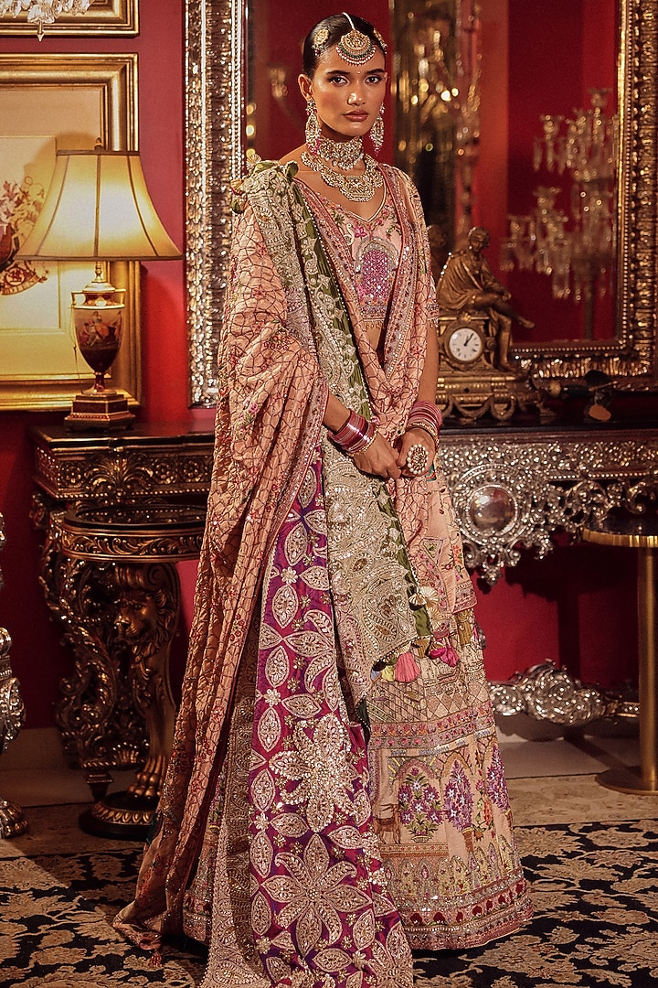 Salmon Pink Silk Kalamkari Embroidered Bridal Lehenga Set by Dareaab by Sonia k Mahajan at Pernia's Pop Up Shop