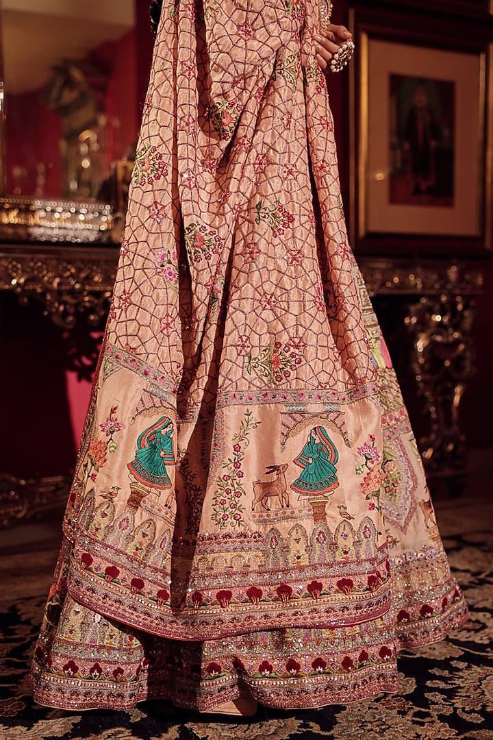 Salmon Pink Silk Kalamkari Embroidered Bridal Lehenga Set by Dareaab by Sonia k Mahajan at Pernia's Pop Up Shop