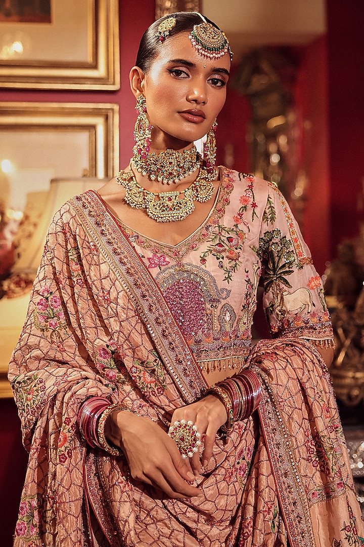 Salmon Pink Silk Kalamkari Embroidered Bridal Lehenga Set by Dareaab by Sonia k Mahajan at Pernia's Pop Up Shop