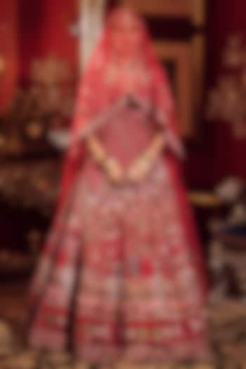 Red Silk Zardosi & Kalamkari Embroidered Bridal Lehenga Set by Dareaab by Sonia k Mahajan at Pernia's Pop Up Shop