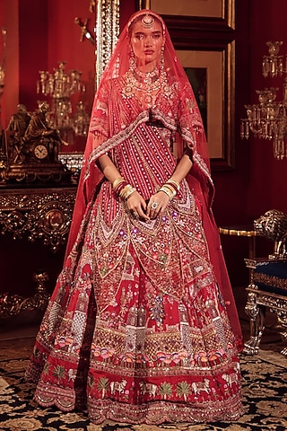 Red Silk Zardosi & Kalamkari Embroidered Lehenga Set by Dareaab by Sonia k Mahajan