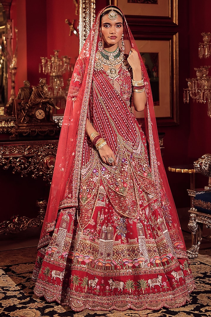 Red Silk Zardosi & Kalamkari Embroidered Bridal Lehenga Set by Dareaab by Sonia k Mahajan at Pernia's Pop Up Shop