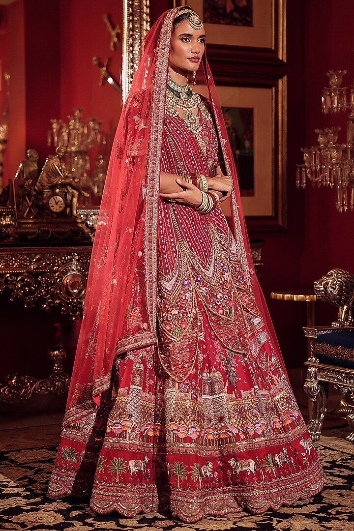 Red Silk Zardosi & Kalamkari Embroidered Bridal Lehenga Set by Dareaab by Sonia k Mahajan at Pernia's Pop Up Shop