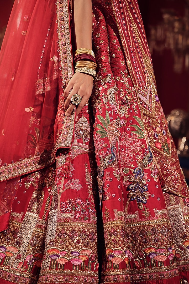 Red Silk Zardosi & Kalamkari Embroidered Bridal Lehenga Set by Dareaab by Sonia k Mahajan at Pernia's Pop Up Shop