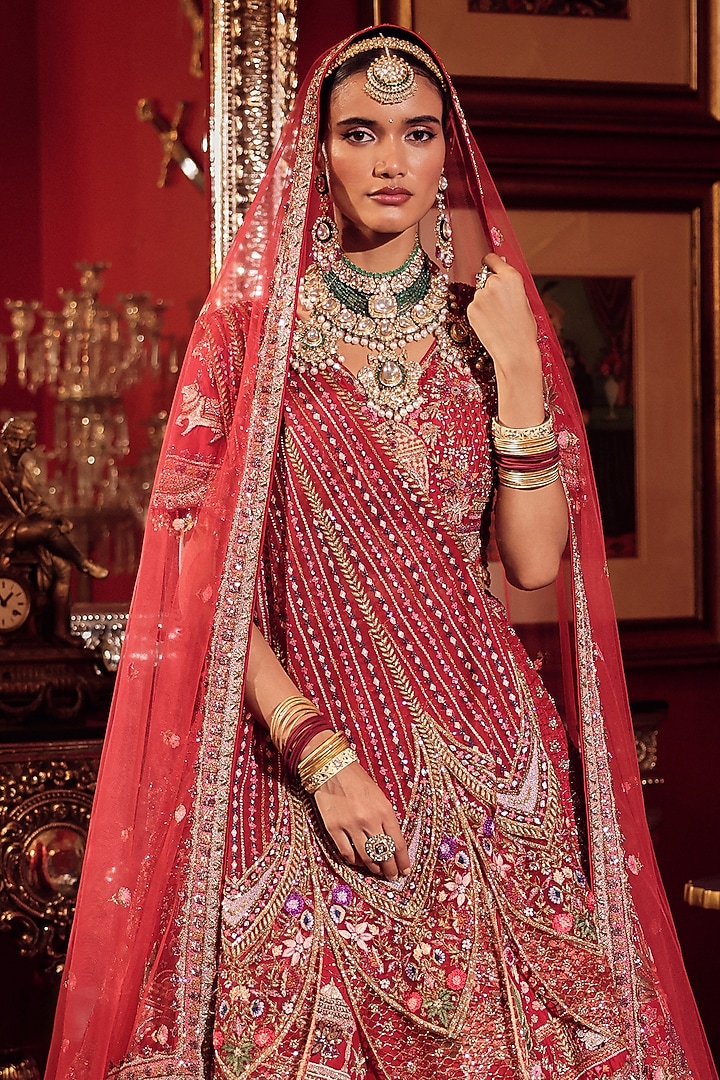 Red Silk Zardosi & Kalamkari Embroidered Bridal Lehenga Set by Dareaab by Sonia k Mahajan at Pernia's Pop Up Shop
