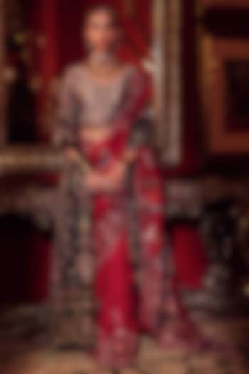 Regal Red Silk Lord Krishna Leela Embroidered Bridal Saree Set by Dareaab by Sonia k Mahajan at Pernia's Pop Up Shop