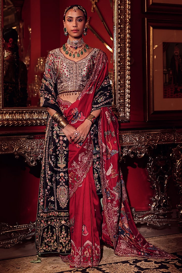 Regal Red Silk Lord Krishna Leela Embroidered Bridal Saree Set by Dareaab by Sonia k Mahajan at Pernia's Pop Up Shop