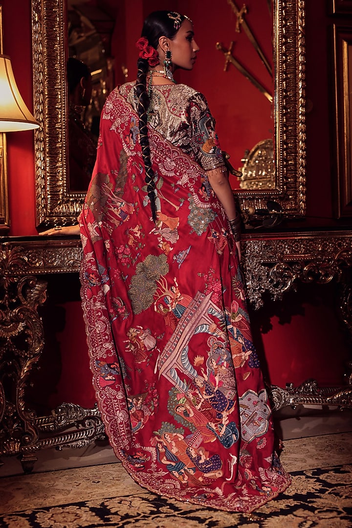 Regal Red Silk Lord Krishna Leela Embroidered Bridal Saree Set by Dareaab by Sonia k Mahajan at Pernia's Pop Up Shop