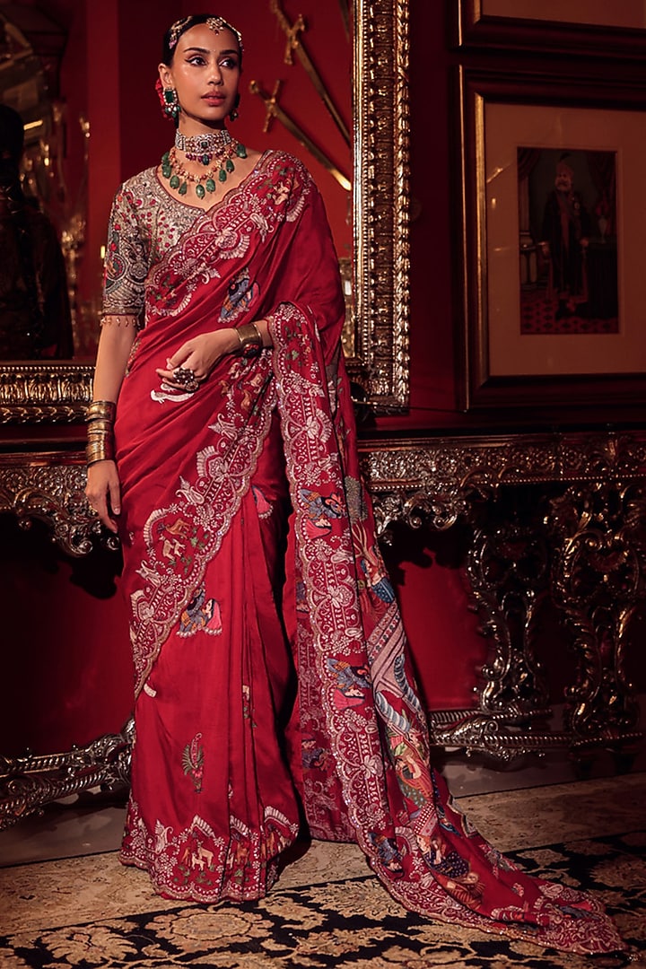 Regal Red Silk Lord Krishna Leela Embroidered Bridal Saree Set by Dareaab by Sonia k Mahajan at Pernia's Pop Up Shop