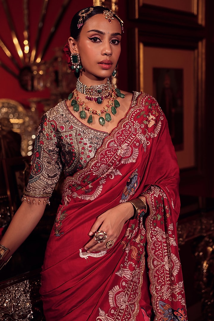 Regal Red Silk Lord Krishna Leela Embroidered Bridal Saree Set by Dareaab by Sonia k Mahajan at Pernia's Pop Up Shop