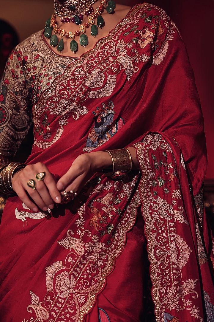 Regal Red Silk Lord Krishna Leela Embroidered Bridal Saree Set by Dareaab by Sonia k Mahajan at Pernia's Pop Up Shop
