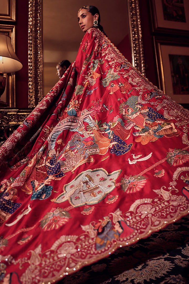 Regal Red Silk Lord Krishna Leela Embroidered Bridal Saree Set by Dareaab by Sonia k Mahajan at Pernia's Pop Up Shop