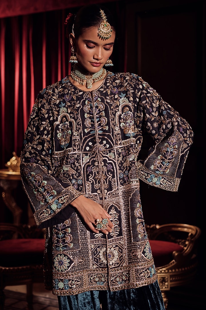 Black Silk Meenakari Embellished Jacket Set by Dareaab by Sonia k Mahajan at Pernia's Pop Up Shop