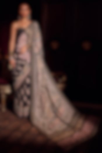 Black Silk Printed & Zardosi Embroidered Bridal Saree Set by Dareaab by Sonia k Mahajan at Pernia's Pop Up Shop
