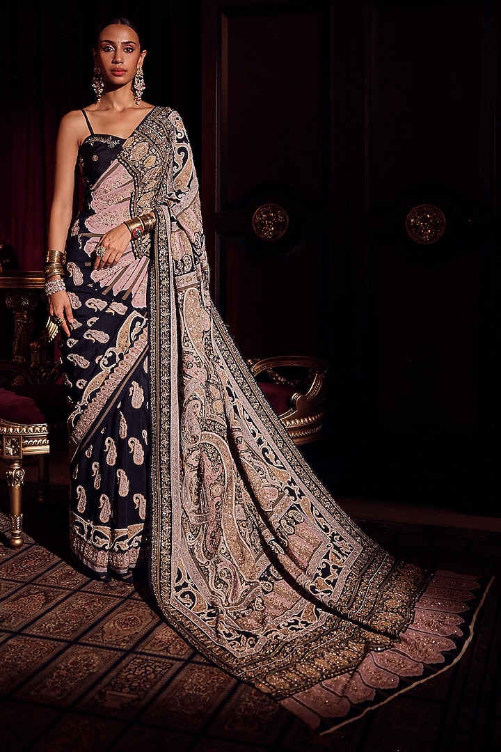 Black Silk Printed & Zardosi Embroidered Bridal Saree Set by Dareaab by Sonia k Mahajan at Pernia's Pop Up Shop