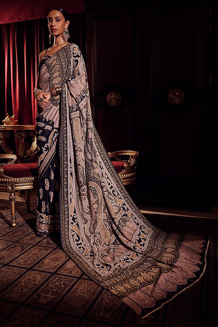 Black Silk Printed & Zardosi Embroidered Bridal Saree Set by Dareaab by Sonia k Mahajan at Pernia's Pop Up Shop