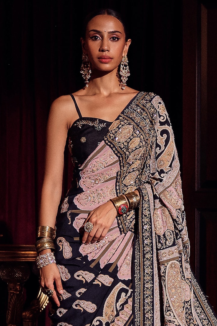 Black Silk Printed & Zardosi Embroidered Bridal Saree Set by Dareaab by Sonia k Mahajan at Pernia's Pop Up Shop