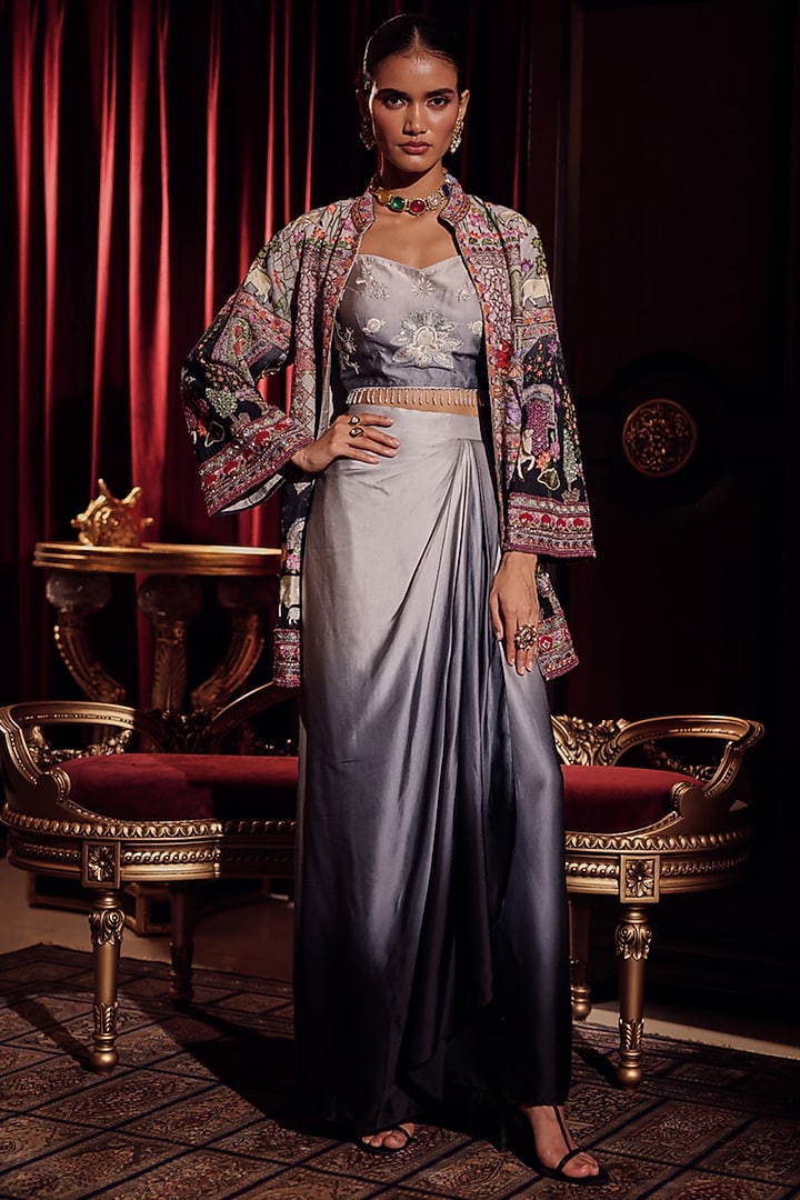 Elixir Grey Silk Kalamkari Embroidered Jacket Set by Dareaab by Sonia k Mahajan at Pernia's Pop Up Shop