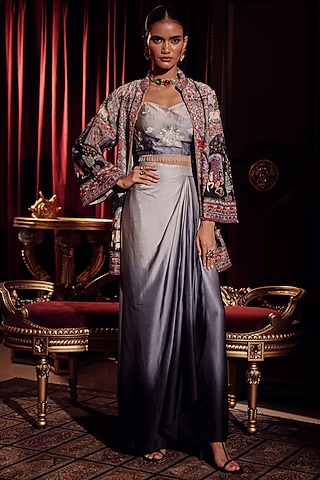 Elixir Grey Silk Kalamkari Embroidered Jacket Set by Dareaab by Sonia k Mahajan