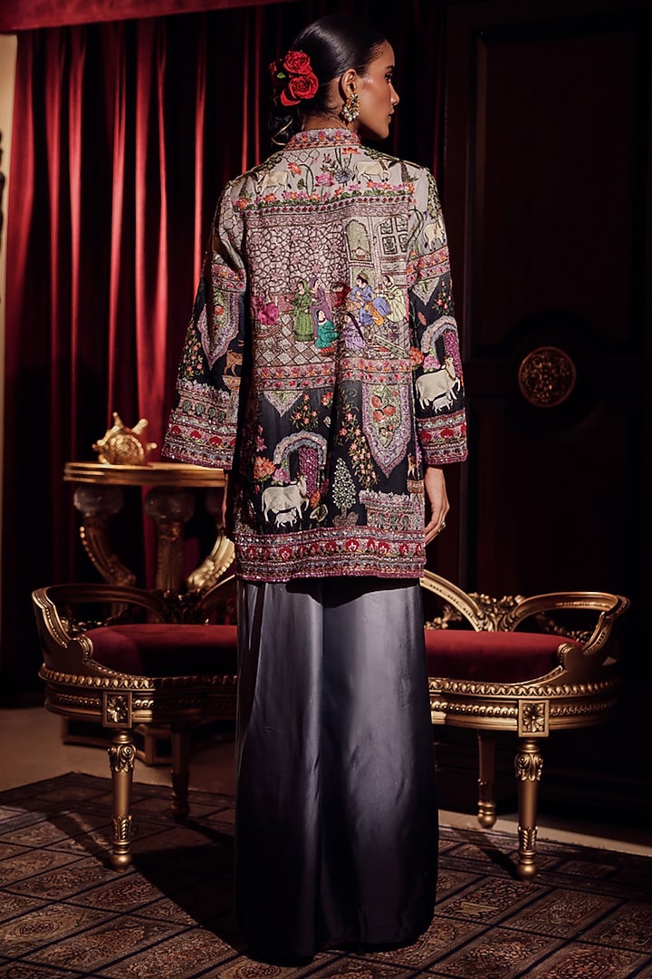Elixir Grey Silk Kalamkari Embroidered Jacket Set by Dareaab by Sonia k Mahajan at Pernia's Pop Up Shop