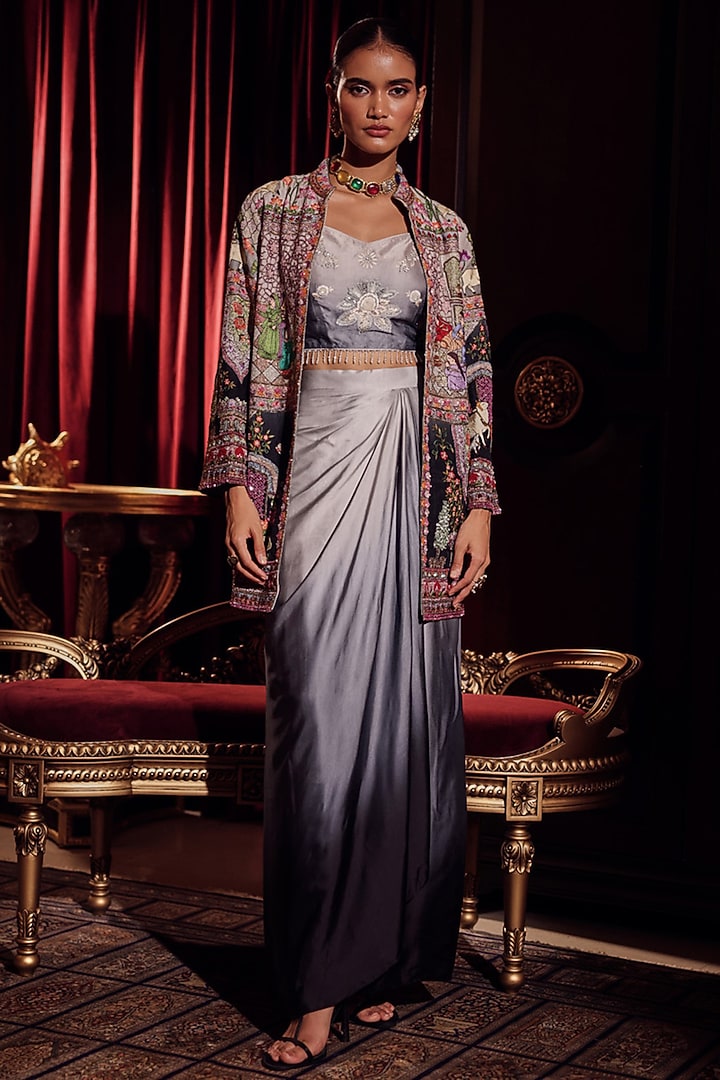 Elixir Grey Silk Kalamkari Embroidered Jacket Set by Dareaab by Sonia k Mahajan at Pernia's Pop Up Shop