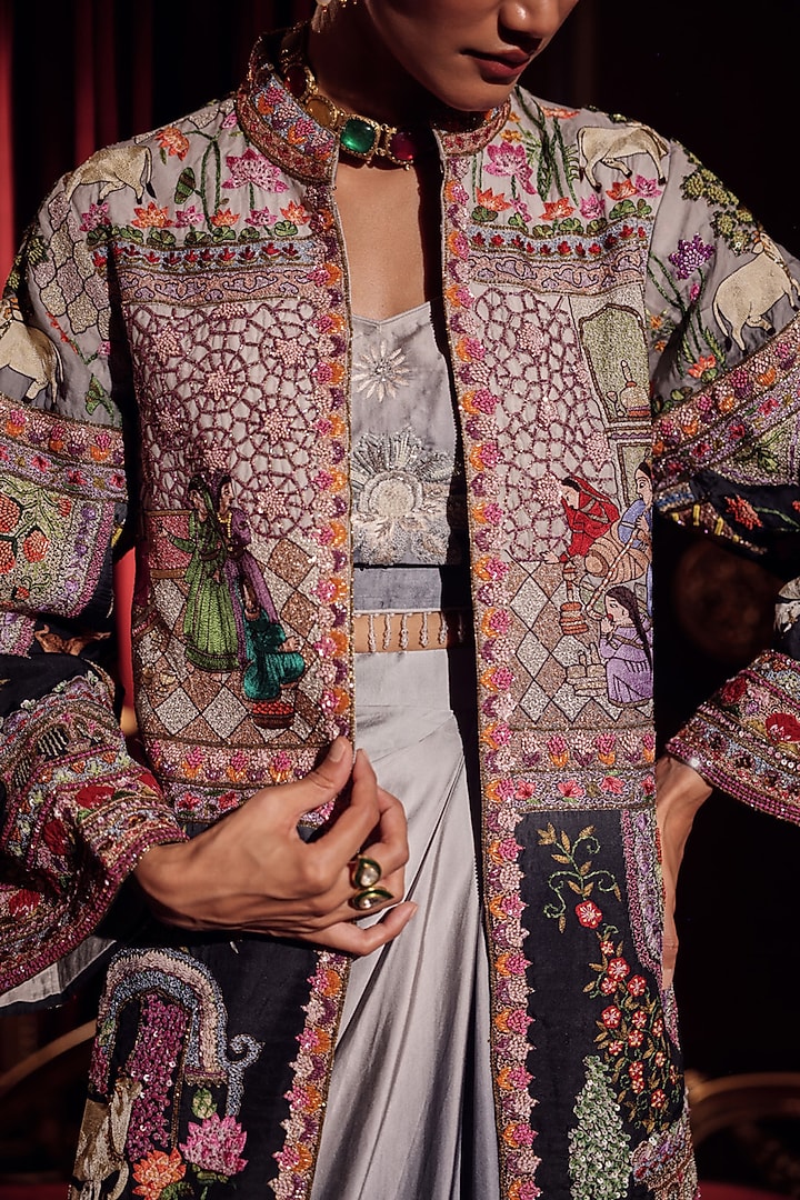 Elixir Grey Silk Kalamkari Embroidered Jacket Set by Dareaab by Sonia k Mahajan at Pernia's Pop Up Shop